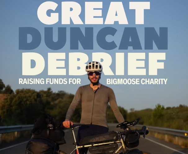 Duncan Covey on a bicycle with text about 'The Great Duncan Debrief' event for Bigmoose Charity.